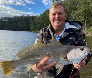 Shane Mayberry holding a 63cm Mulloway he caught up the Bega River on Saturday whilst fishing in the Pirtek Challenge raising money for prostate cancer. Picture supplied