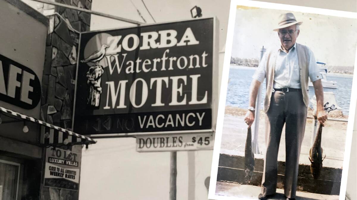 Zorba Waterfront Motel on Orient Street and Nicolas Diacomihalis with his freshly caught flatheads off the Batemans Bay promenade in the 70s (inset). Pictures supplied