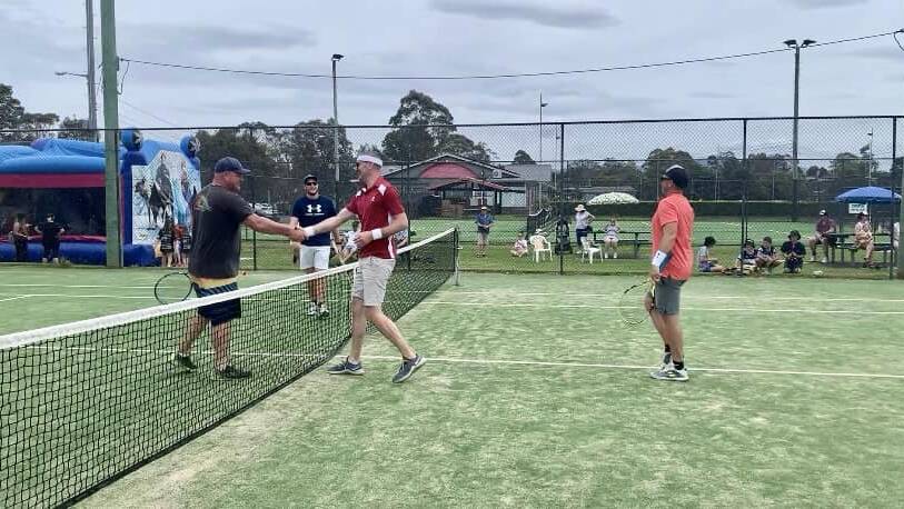 Geordie McEvoy and NRL legend Michael Weyman taking on mayor Mat Hatcher and Richard Sellick in the celebrity doubles match. Hatcher and Sellick prevailed 5-4 in a tiebreaker. Picture supplied.
