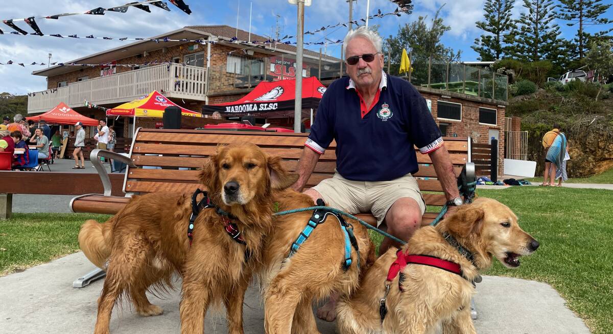 Peter Kearney with three of his four dogs. He is a member of the Rural Fire Service and is just back from Brisbane where he was working on air tankers. Picture by Marion Williams