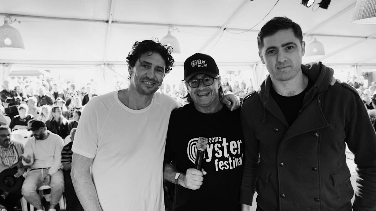 Celebrity chef Colin Fassnidge, John Susman and world oyster shucking champion Stephen Nolan from Galway in Ireland at Australia's 2022 oyster shucking championships. Colin Fassnidge is one of the many chefs in John Susman's rolodex. Picture by Rob Locke