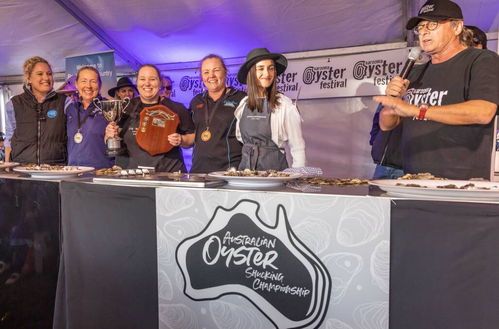 John Susman at Narooma Oyster Festival's ladies oyster shucking championship in 2022. He said, like opening a bottle of champagne, shucking oysters is an essential social skill. Picture by David Rogers Photography. 
