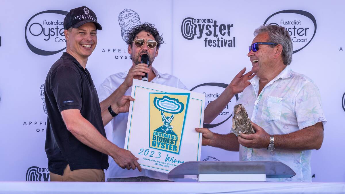 Devin Watson, CEO of Australia's Oyster Coast, celebrity chef Colin Fassnidge and Bernie Connell, winner of Australia's biggest oyster 2023. Picture by David Rogers Photography