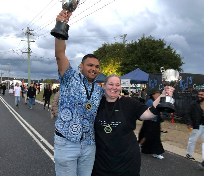 The champion oyster shuckers at Narooma Oyster Festival 2023 - Gerard Doody Dennis with a final score of 2.49 and female champion Sally McLean of Wild's Oysters with a score of score of 2.54. Picture by Marion Williams
