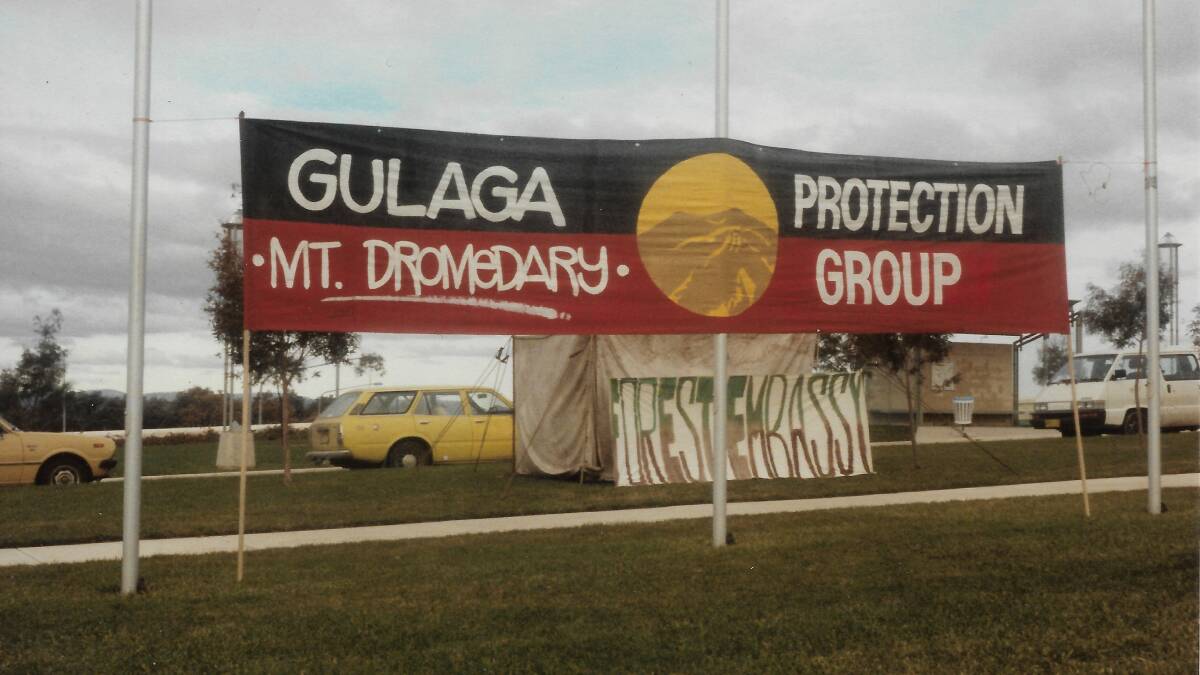 One of the banners at Parliament House in Canberra where the Gulaga (Mount Dromedary) Protection Group protested. Picture supplied