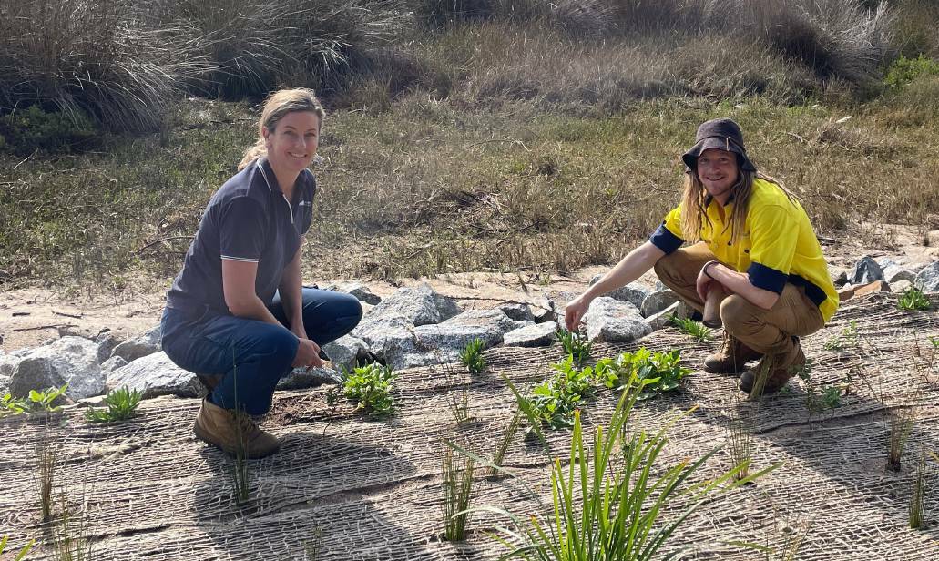 Eurobodalla Shire Council's natural resource and sustainability coordinator Heidi Thomson and natural resource management officer James Caffery inspect progress at the Wagonga Inlet Living Shoreline project in Narooma. Picture by Marion Williams