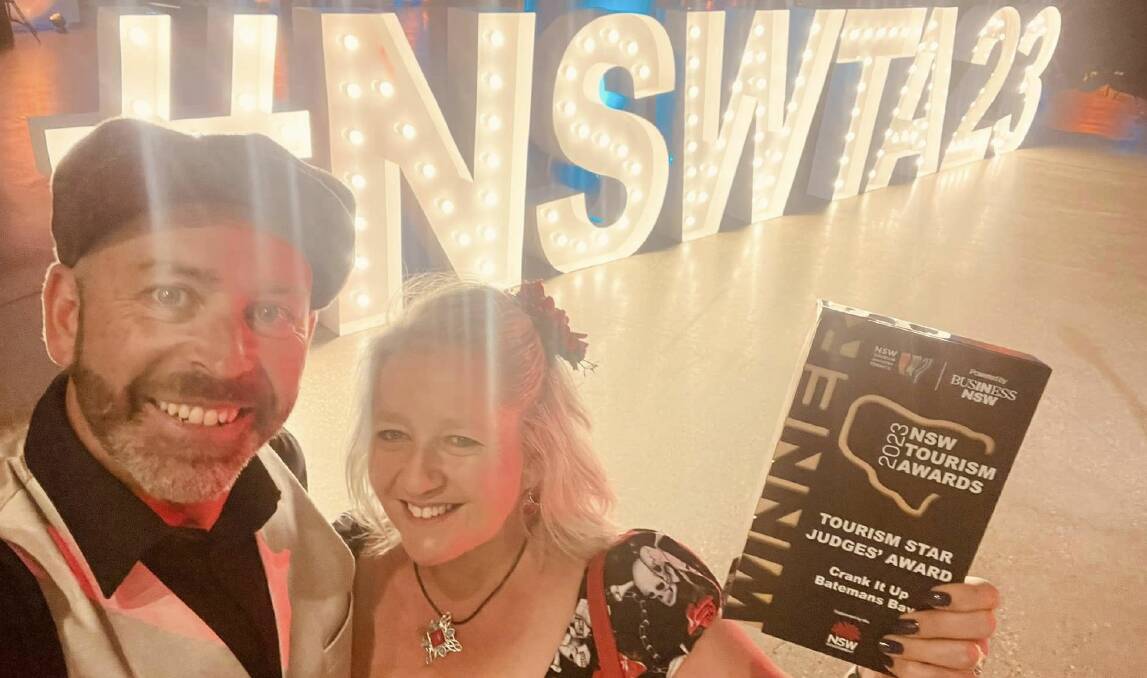 Leisa and Chris Tague scored the 2023 Tourism Star Judges' Award at the 2023 NSW Tourism Awards at the White Bay Cruise Terminal, Sydney. Picture via Crank It Up Batemans Bay/Facebook