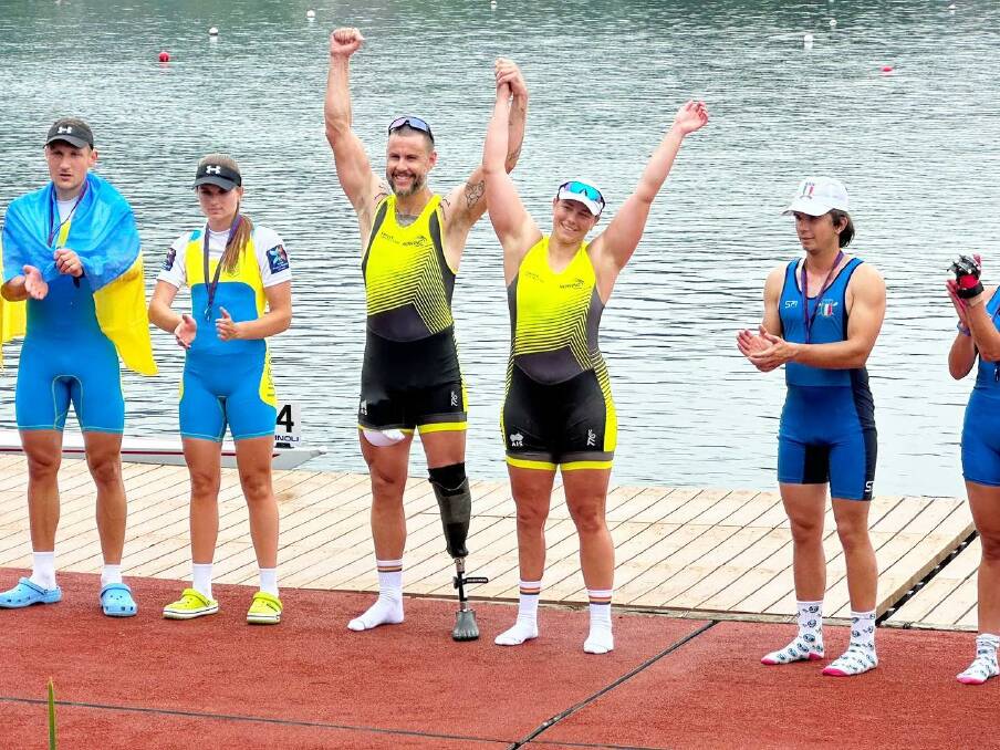 Nikki Ayers and rowing partner Jed Altschwager celebrated their win at the International Para Rowing Regatta before smashing the world record at the World Rowing Cup II a week later. Picture by Rowing Australia