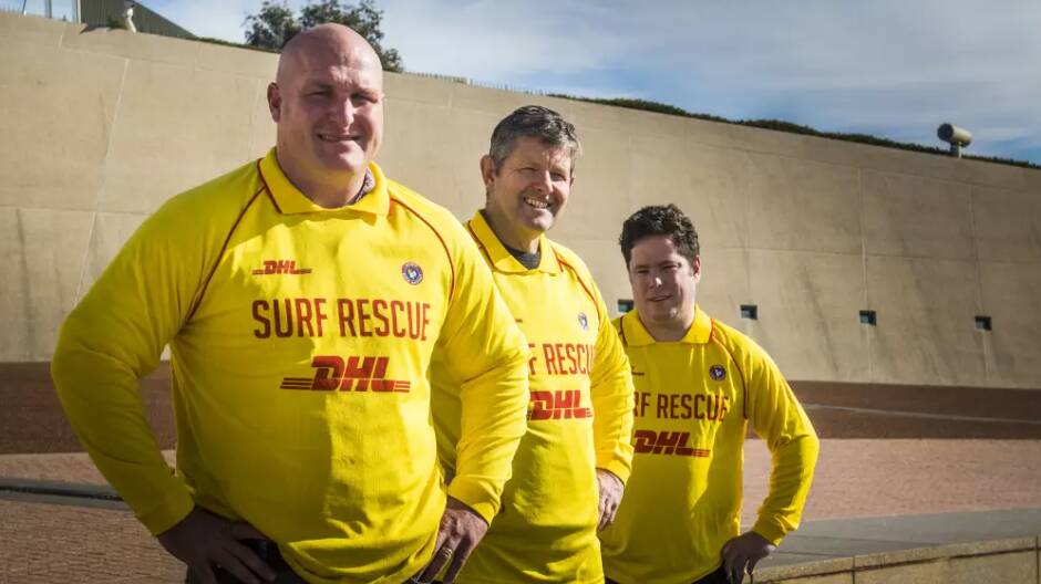 Michael Weyman, Shaun Pike and Andrew Edmunds, who received the Surf Lifesaving Australia national rescue of the month award for March at Parliament House in 2018. Picture by Elesa Kurtz