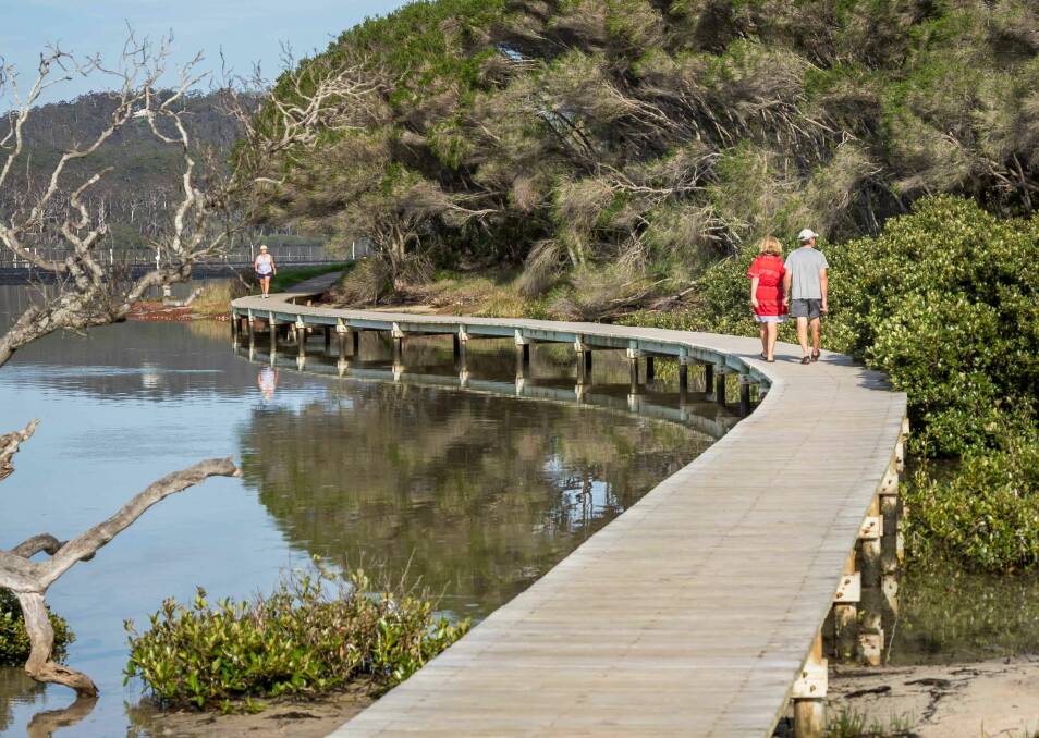 Merimbula Boardwalk twists and turns along the lakefront. Picture by David Rogers Photography