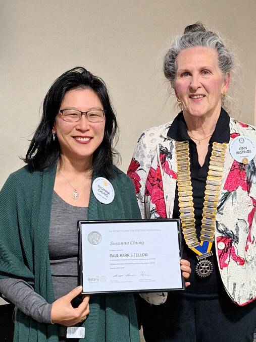 Susanna Chung was made a Paul Harris Fellow by President Lynn Hastings recognising her work with the Rotary Youth Exchange Programme. Picture supplied.