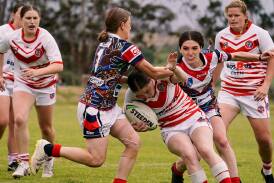 Action from the Group 16 women's tackle 9s competition in 2023. Picture by Razorback Sports Photography
