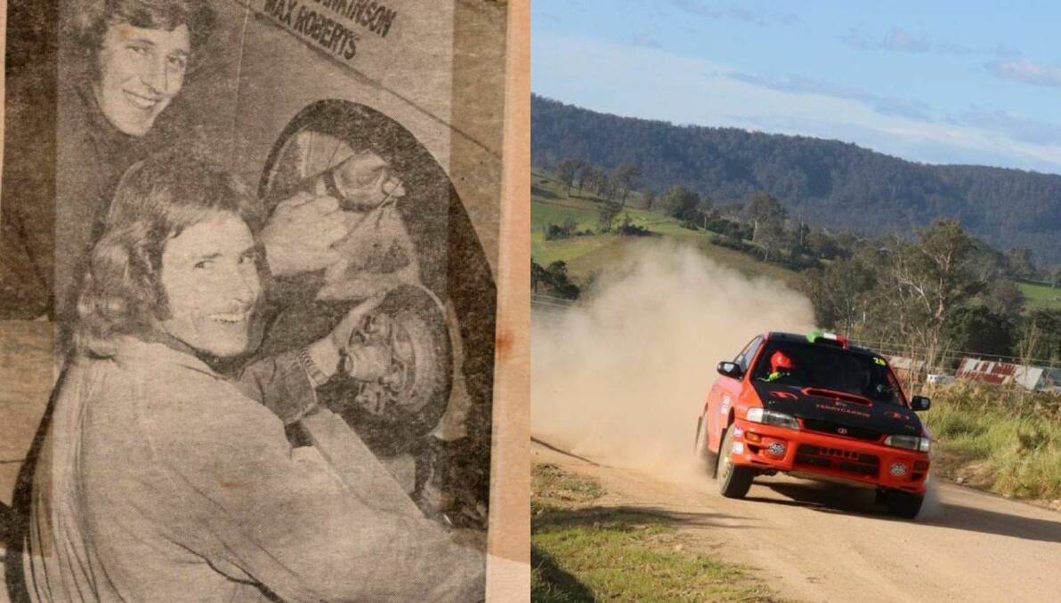 Navigator Max Roberts (left) and driver Mark Hankinson making last-minute alterations to their rally car in 1973, and (right) Bega Valley Rally 2022.