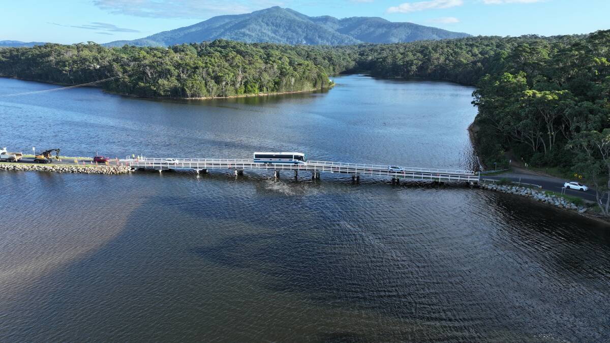 Wallaga Lake Bridge works continue, but the bridge temporarily reopens to traffic from Monday. Picture supplied
