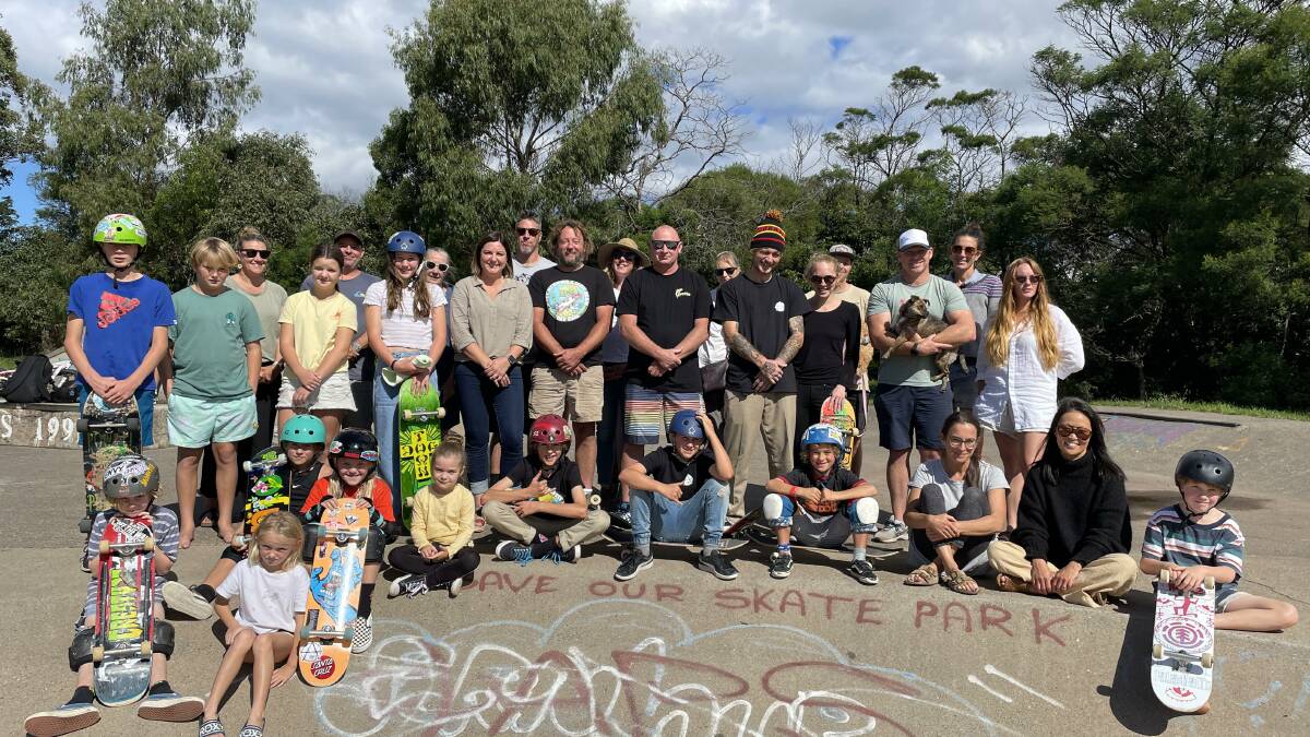 Member for Eden-Monaro Kristy McBain with Peter O'Keefe of the Sapphire Coast Skatepark Association and community members in April 2022 after promising $500,000 towards a new skatepark. Picture by Denise Dion