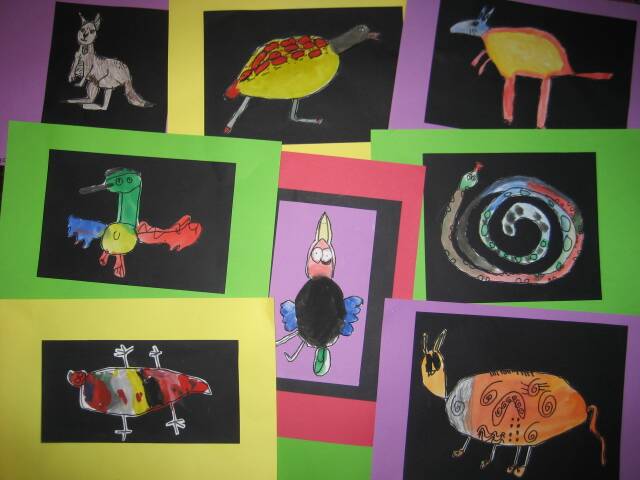 KIDS ARTWORK: Artwork of students from Central Tilba Public School which will form part of the exhibition in the Small Hall on Saturday. The art was workshopped with Aboriginal artist Cheryl Davison.  