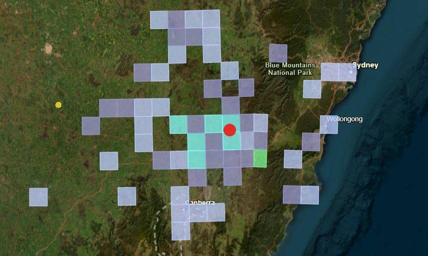 The 'felt like' grid that shows where the Taralga earthquake was felt, purple rates as 'weak', blue as 'light' and green as 'moderate'. Image by Geoscience Australia